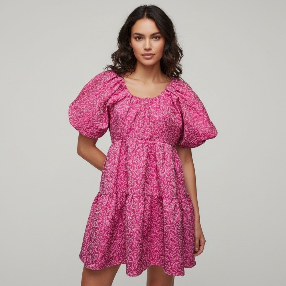 Hyacinth House Pink White Jacquard Puff Sleeve Babydoll Mini Dress XS Tie Back